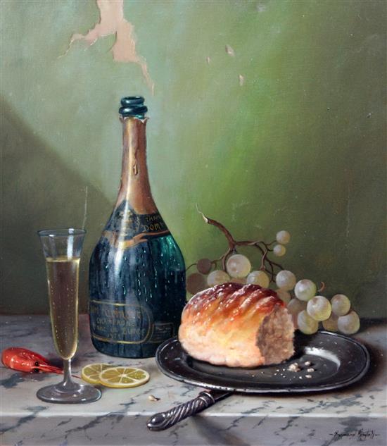 Raymond Campbell, oil,  Still life with Ruinart Champagne(-)